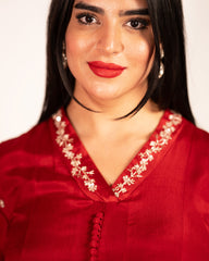 Hand Worked Panel Cut Anarkali - Red