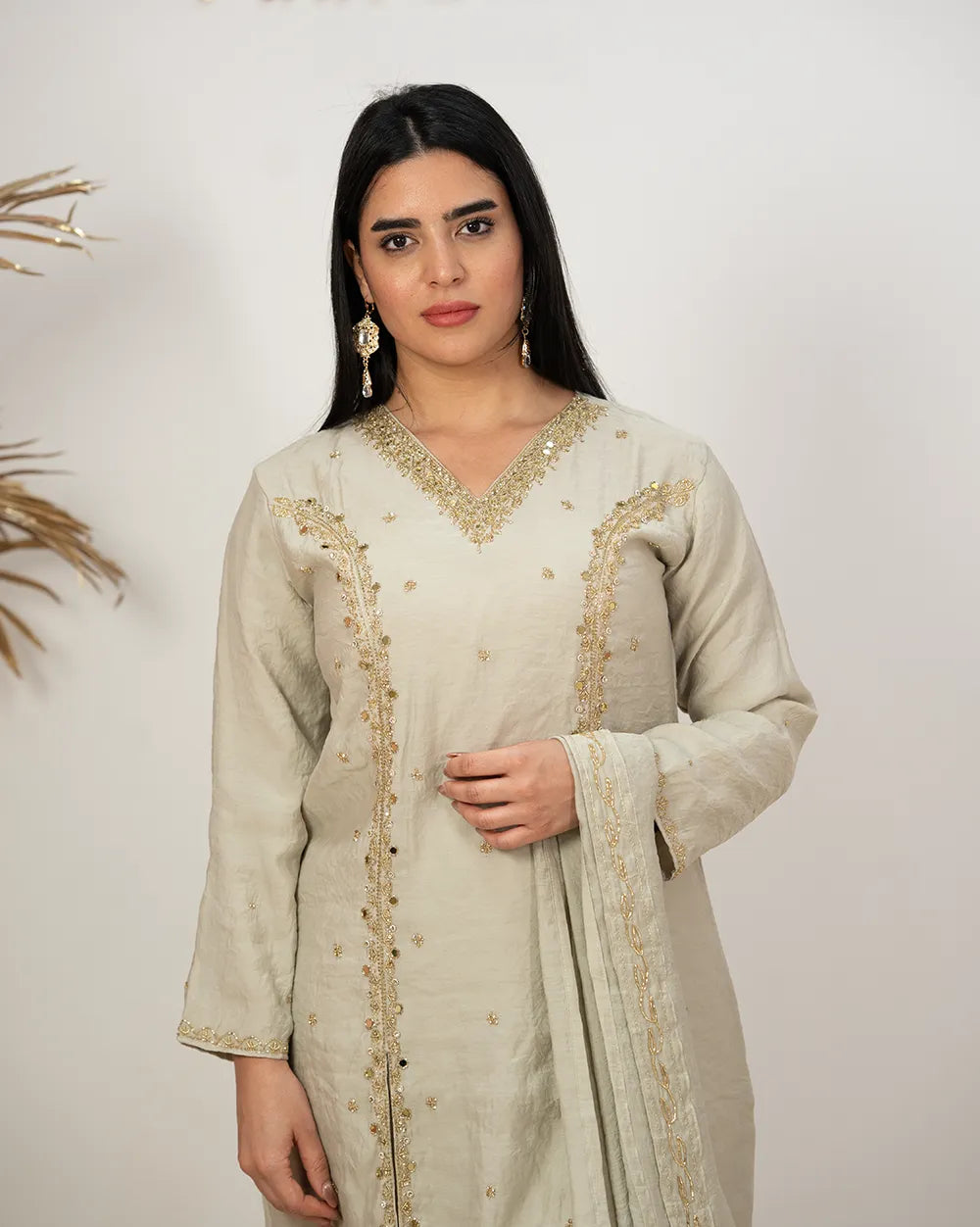 Handworked double slitted suit with mirrors- grey shade