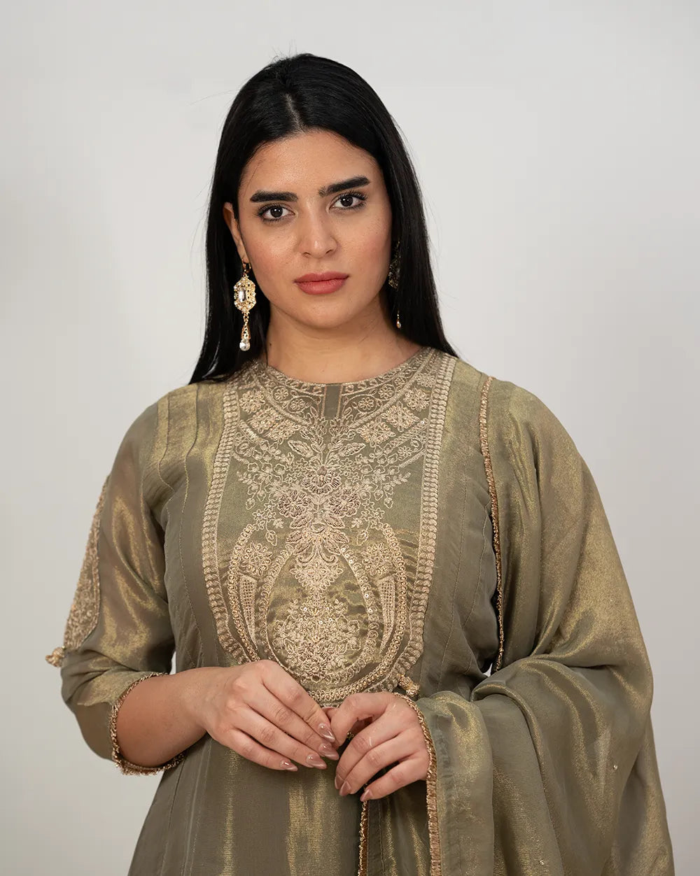 Tissue silk panelled salwar suit with embroidery- olive grey