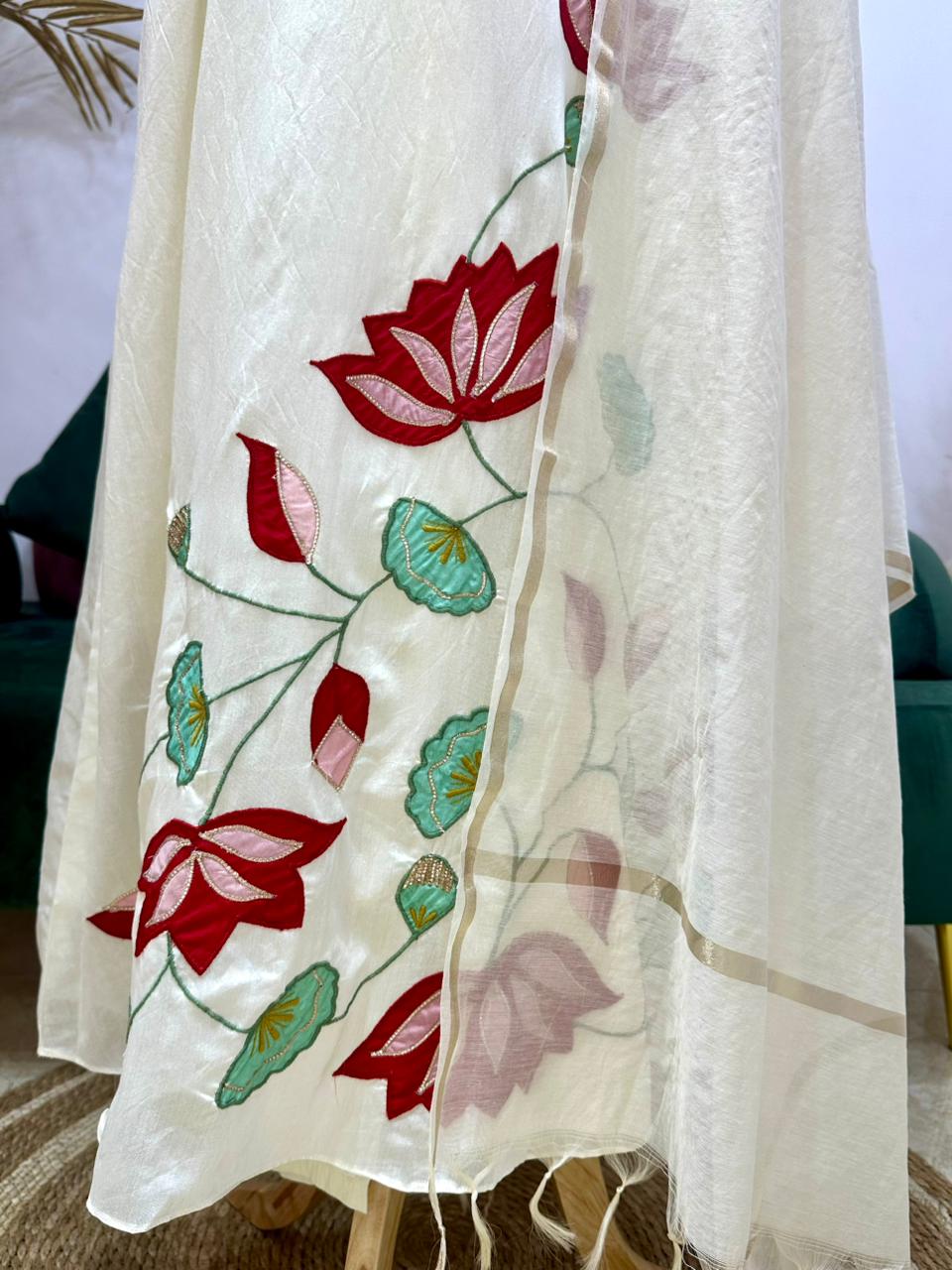 Appliqué work mul chanderi A-line suit- Off White