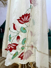 Appliqué work mul chanderi A-line suit- Off White