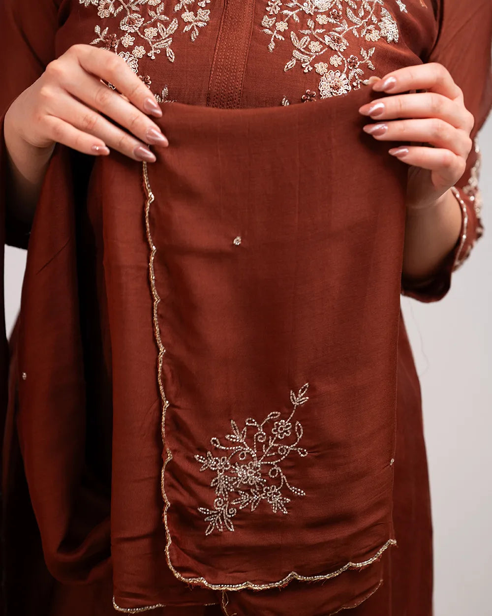 Handworked mul chanderi A-line suit- brown