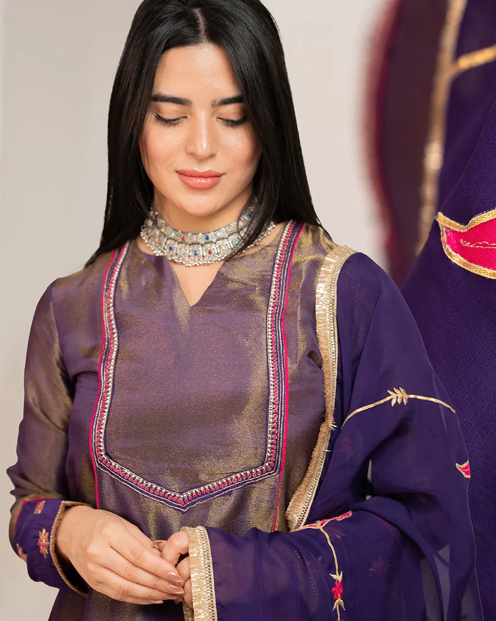 Tissue silk A-line Suit- purple