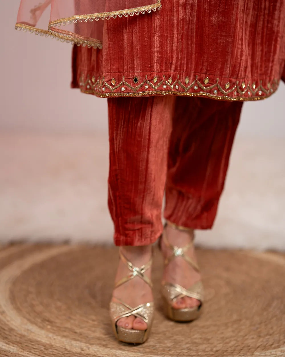 Handworked crushed velvet salwar suit- dark peach