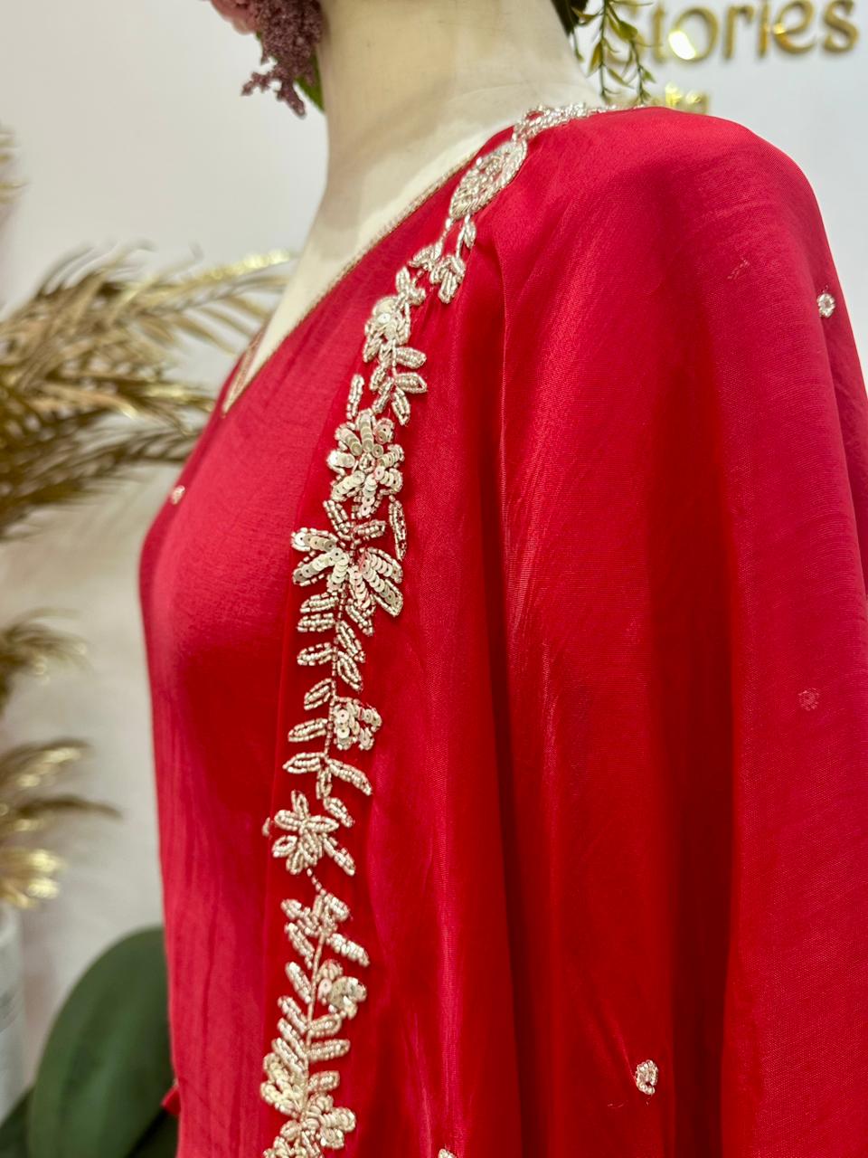 Handworked mul chanderi A-line suit- Red
