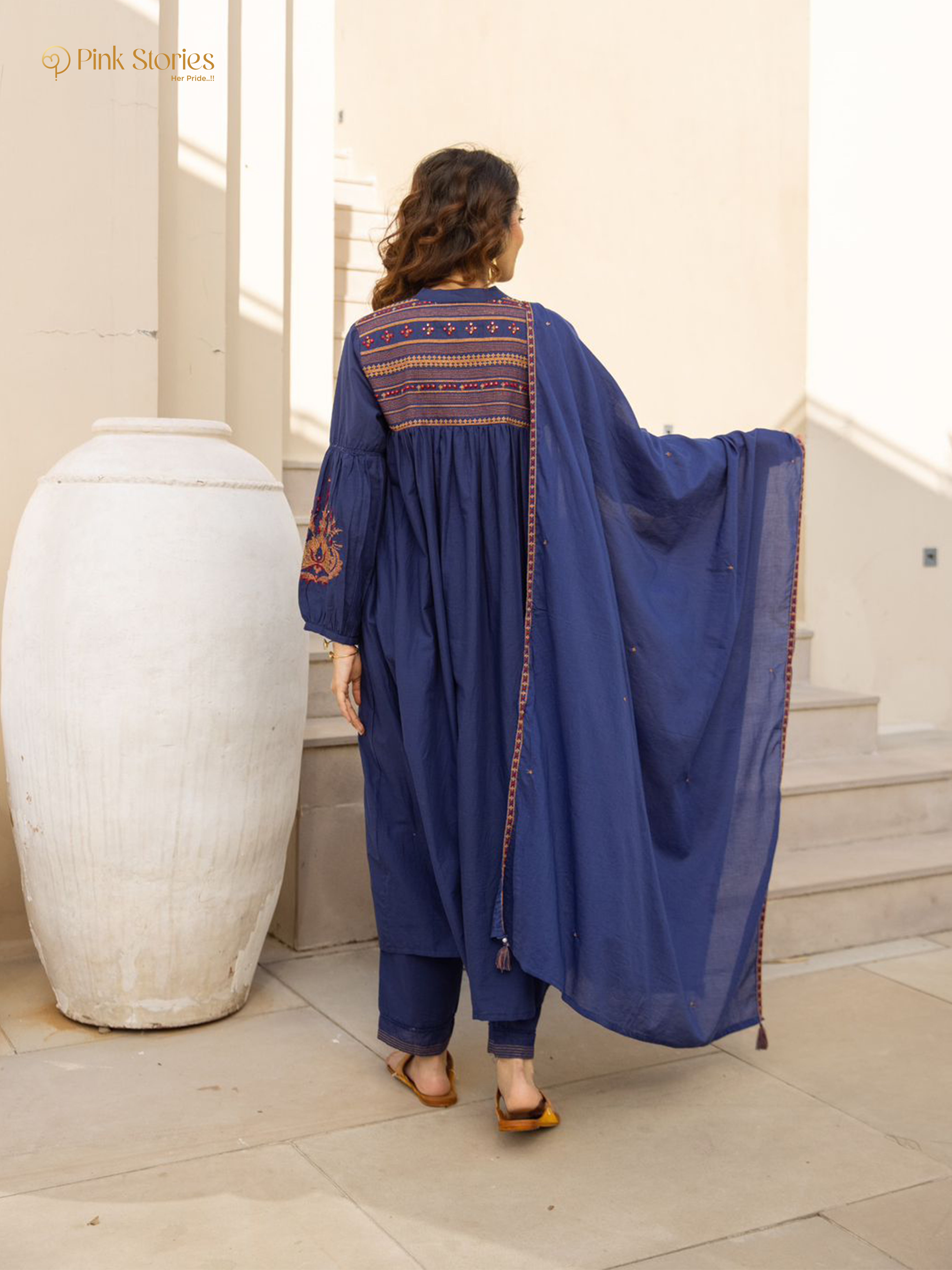 Embroidered 3Pc cotton semi anarkali- royal blue