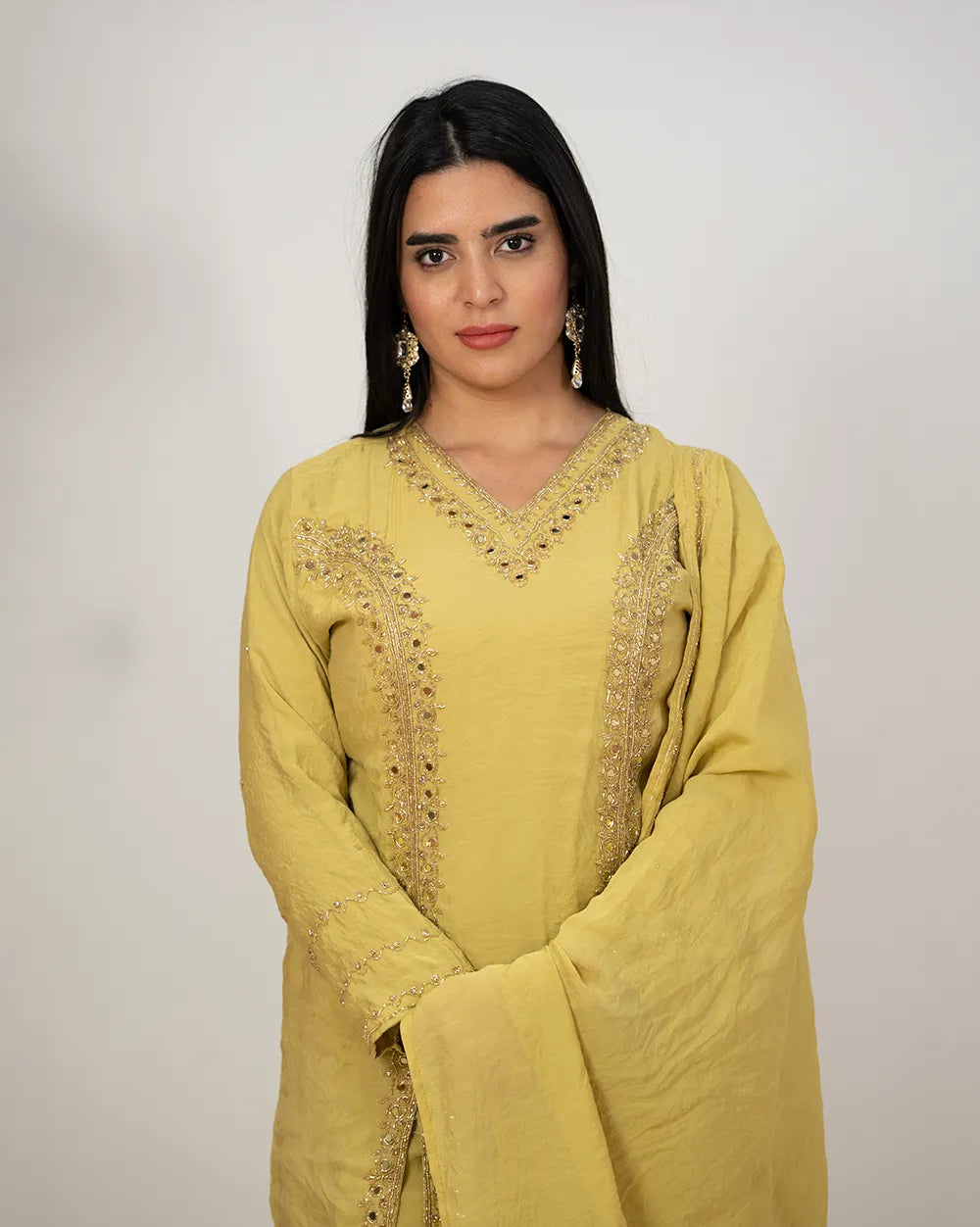 Handworked double slitted suit with mirror- yellow shade