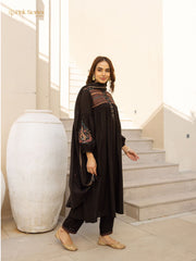 Embroidered 3Pc cotton semi anarkali- black