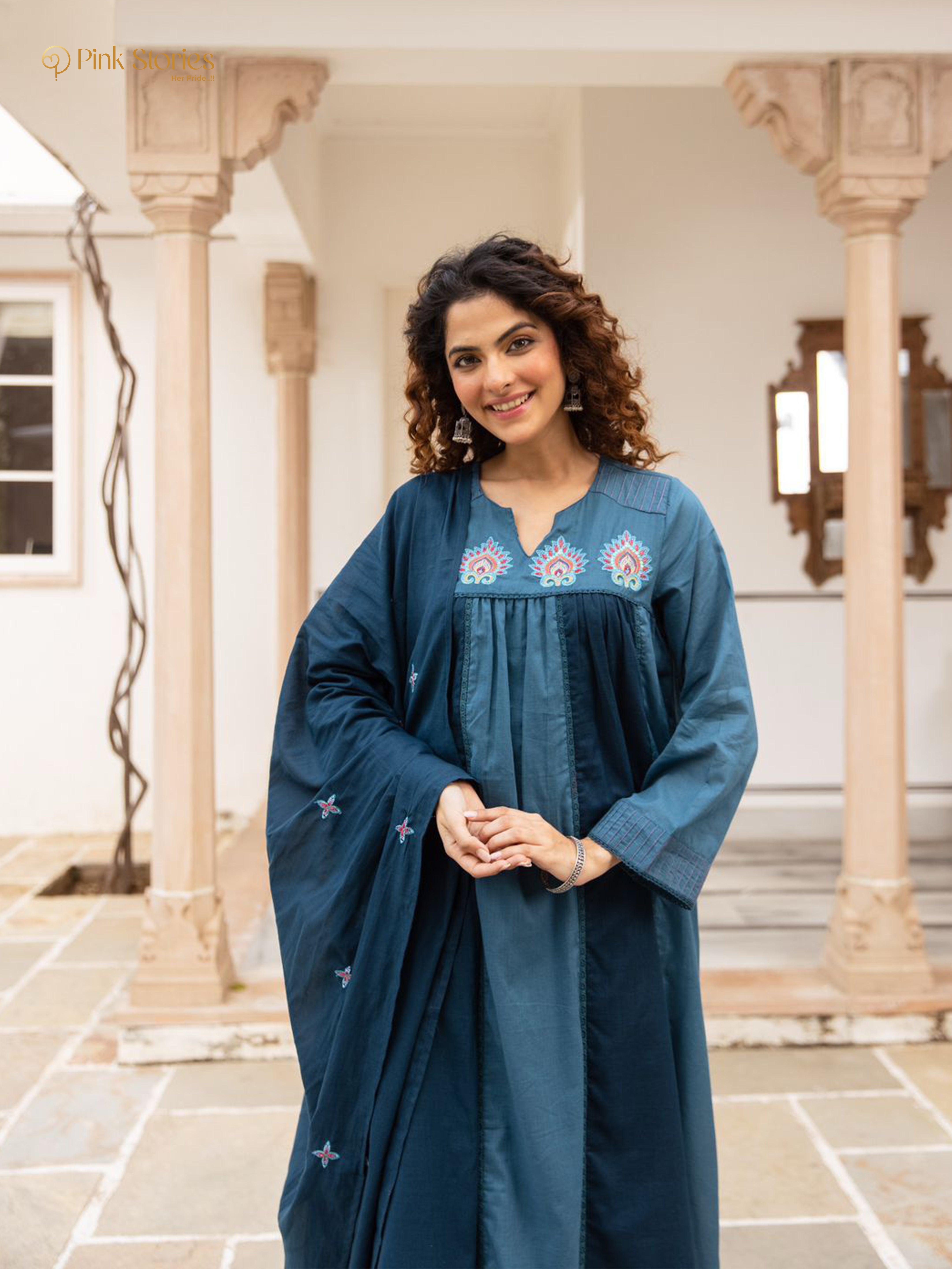 Double-Shaded Panelled Cut Anarkali – Teal Blue