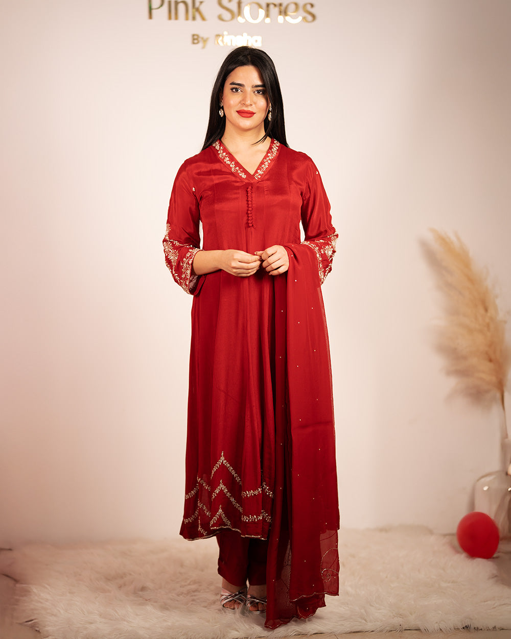 Hand Worked Panel Cut Anarkali - Red