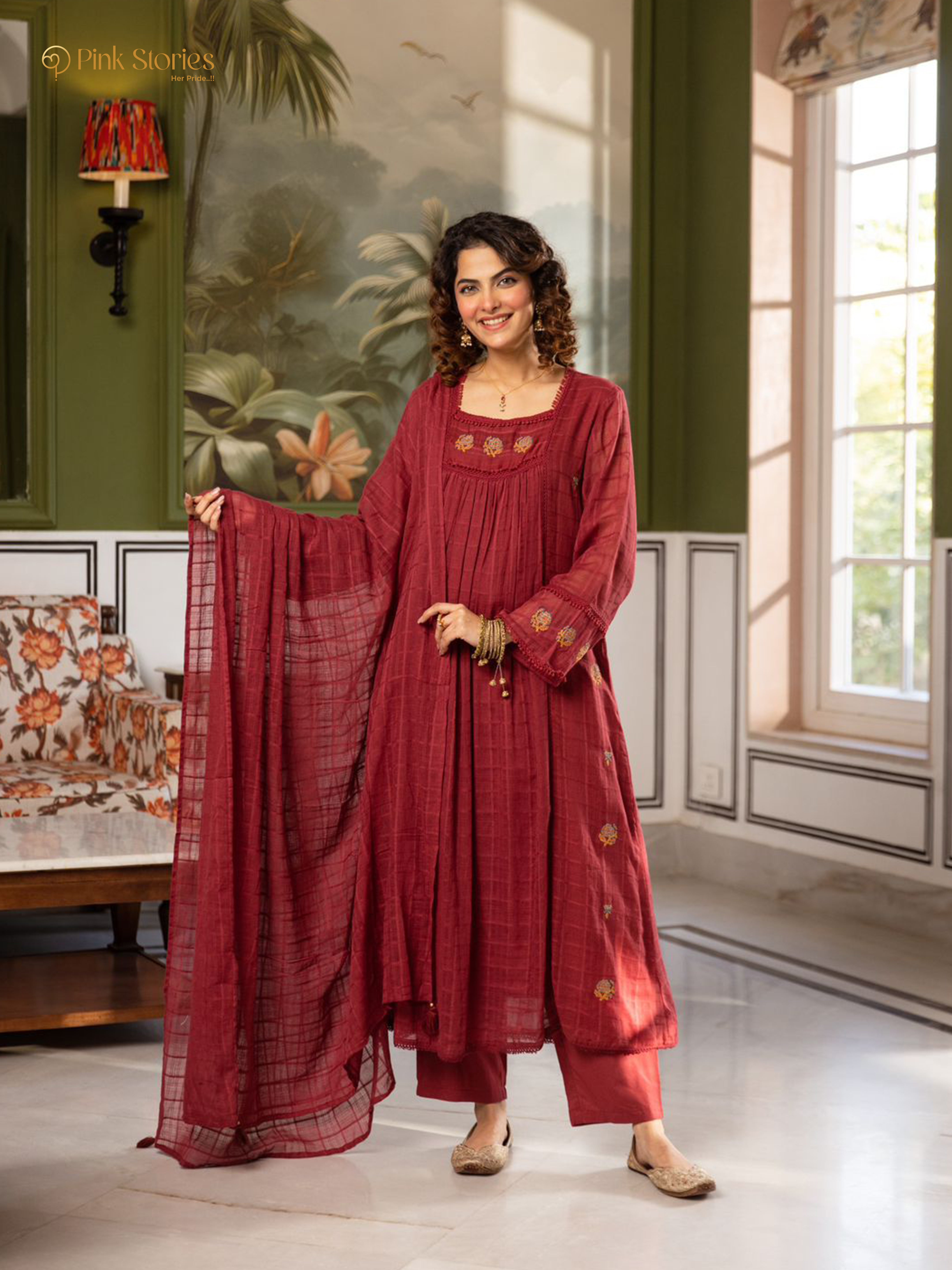 Panelled mul cotta 3Pc A-line anarakali- dusty maroon