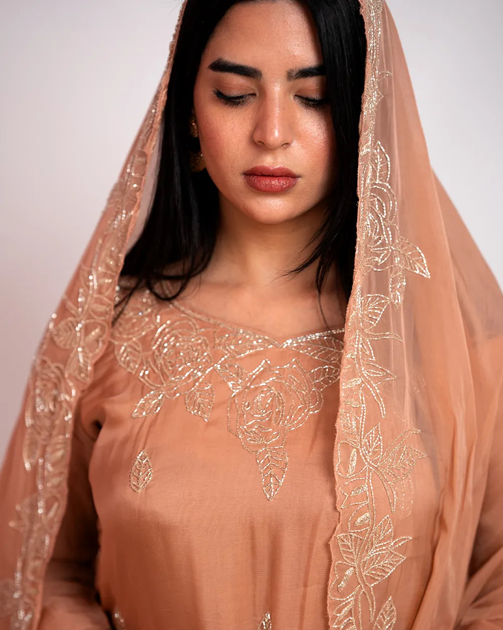 Handworked A-line organza suit- peach shade