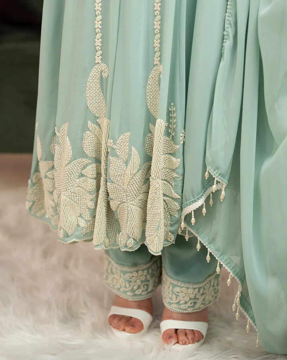 Heavy handworked anarkali- light cyan