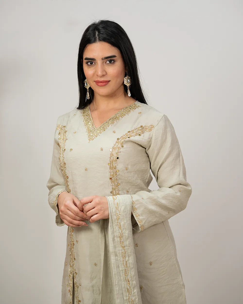Handworked double slitted suit with mirrors- grey shade
