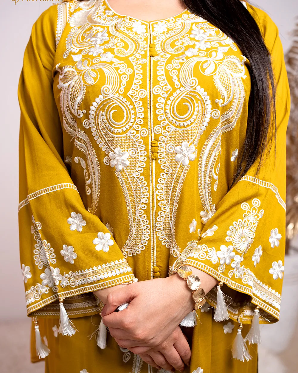 Embroidered cotton rayon 3pc suit- mustard yellow