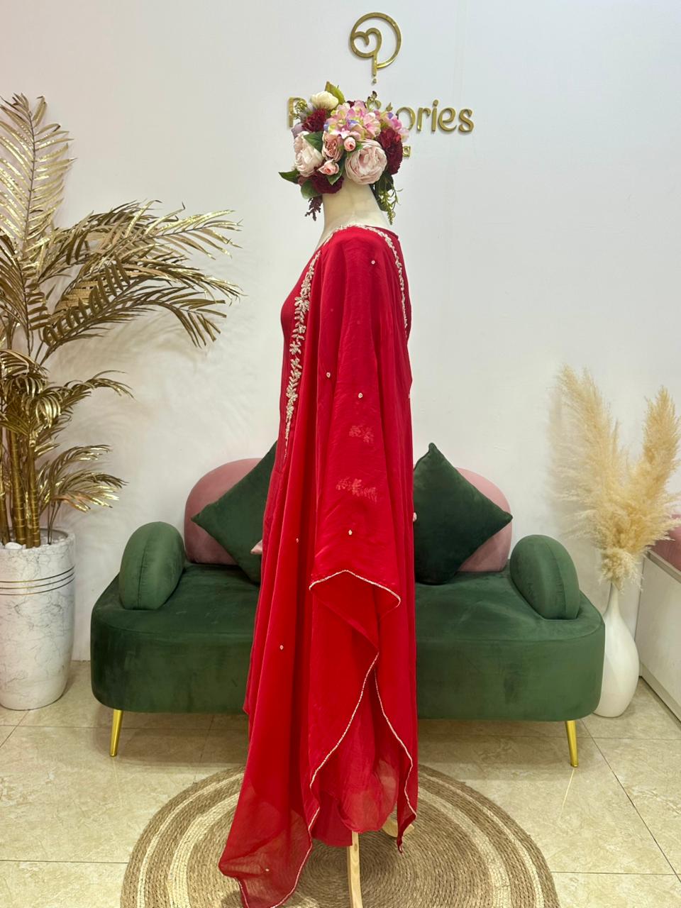 Handworked mul chanderi A-line suit- Red