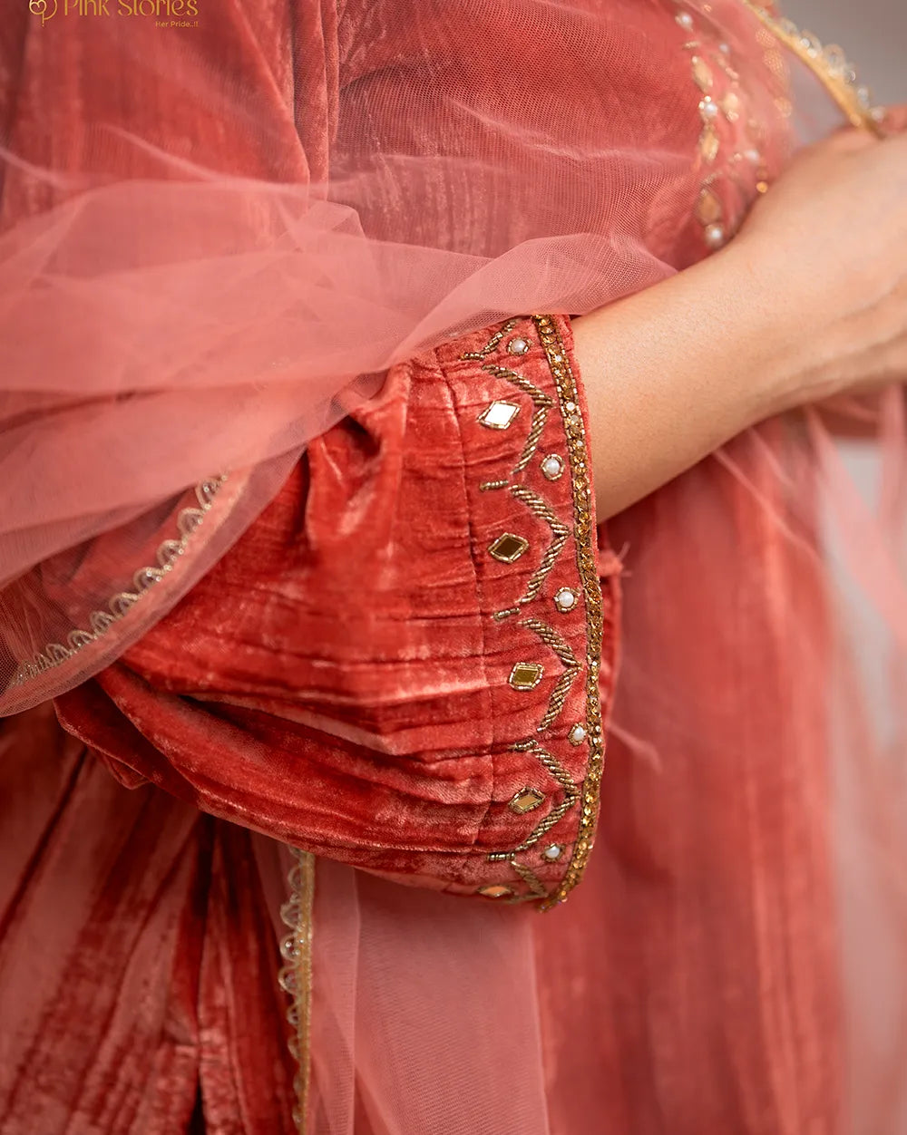 Handworked crushed velvet salwar suit- dark peach