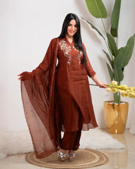 Handworked mul chanderi A-line suit- brown