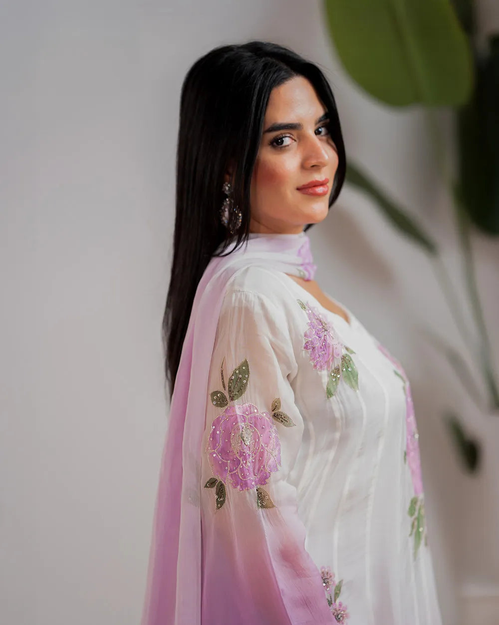 Ombre shaded panelcut anarkali- white and lilac