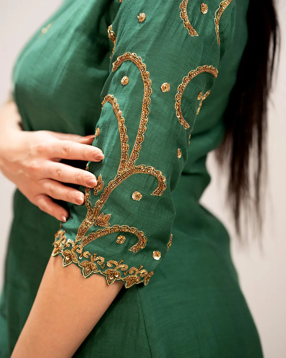 Handworked A-line panelled suit- green