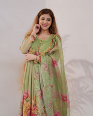 Floral printed pleated chiffon anarkali -  pale green