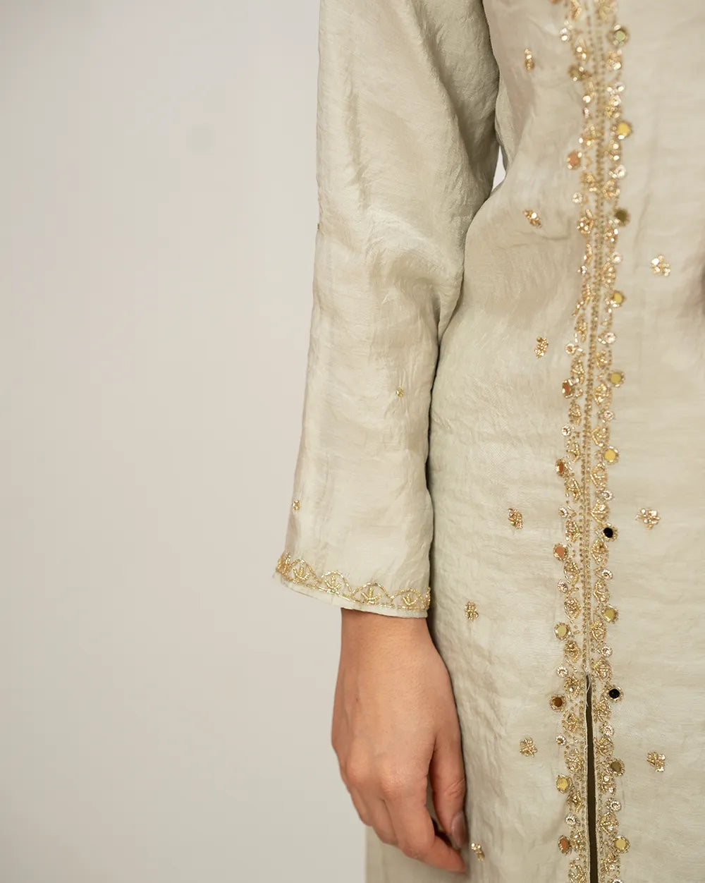Handworked double slitted suit with mirrors- grey shade