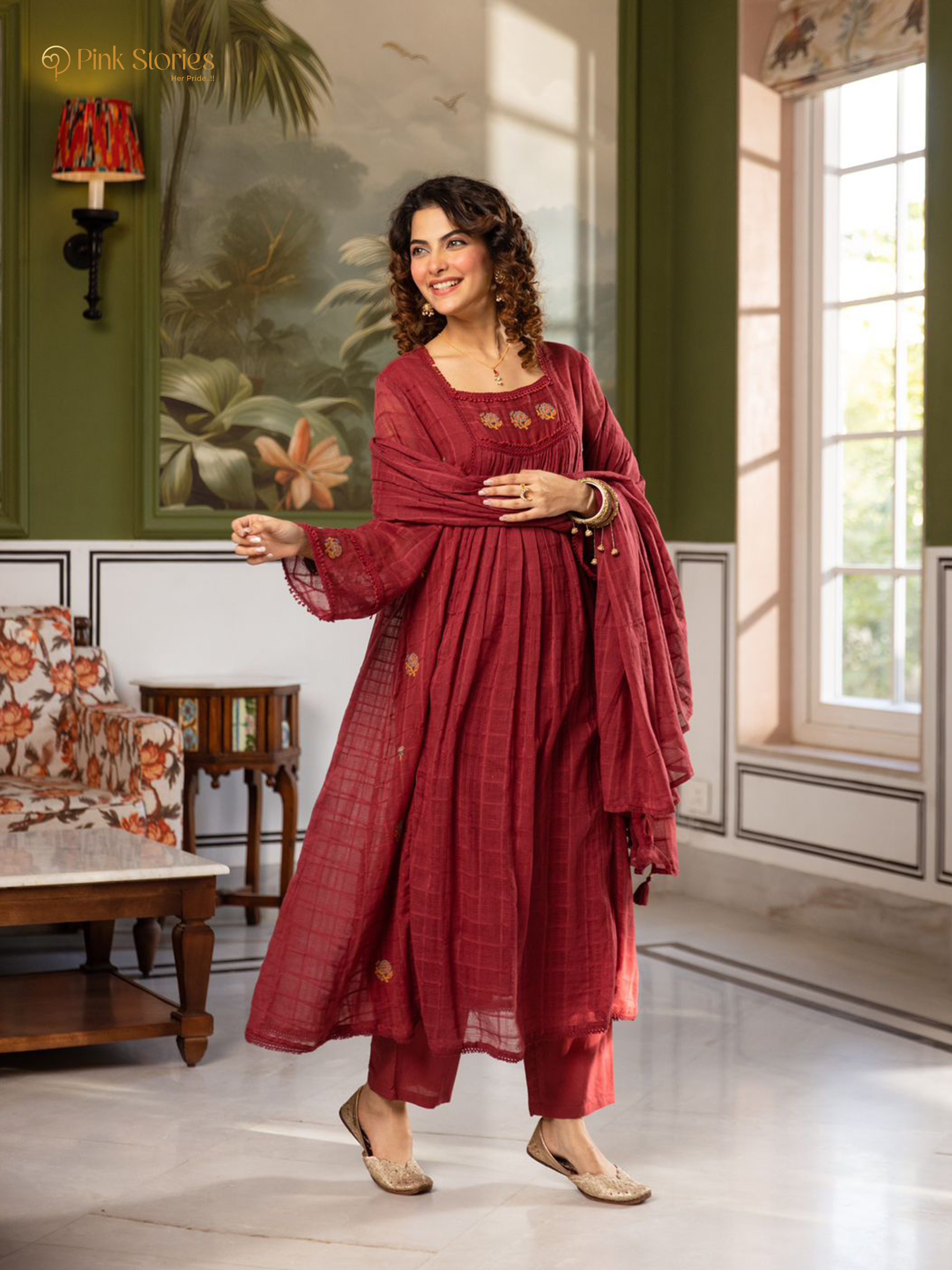 Panelled mul cotta 3Pc A-line anarakali- dusty maroon