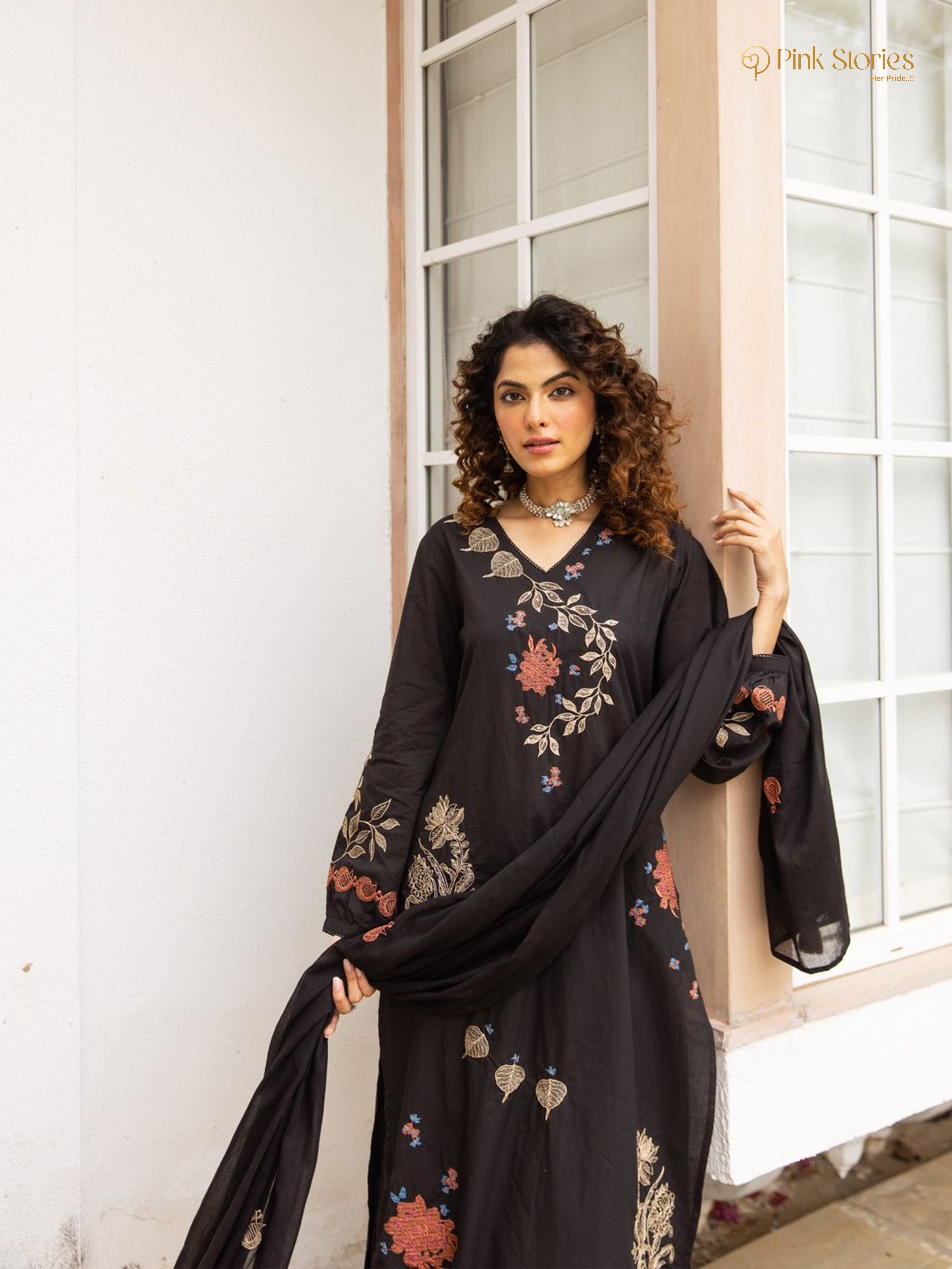 Embroidered 3Pc cotton salwar suit- black