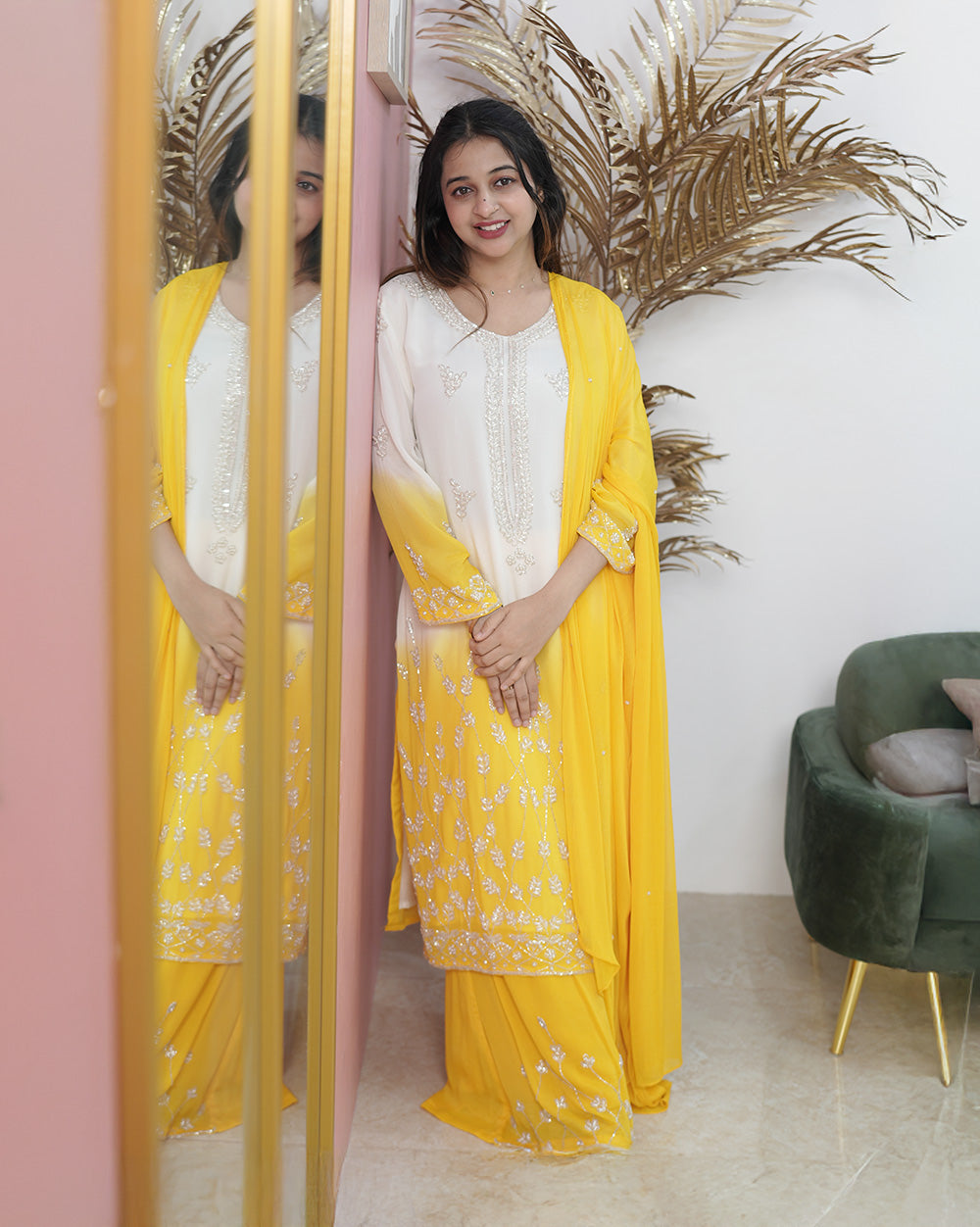 Ombre shaded chinon party wear salwar suit- white and yellow