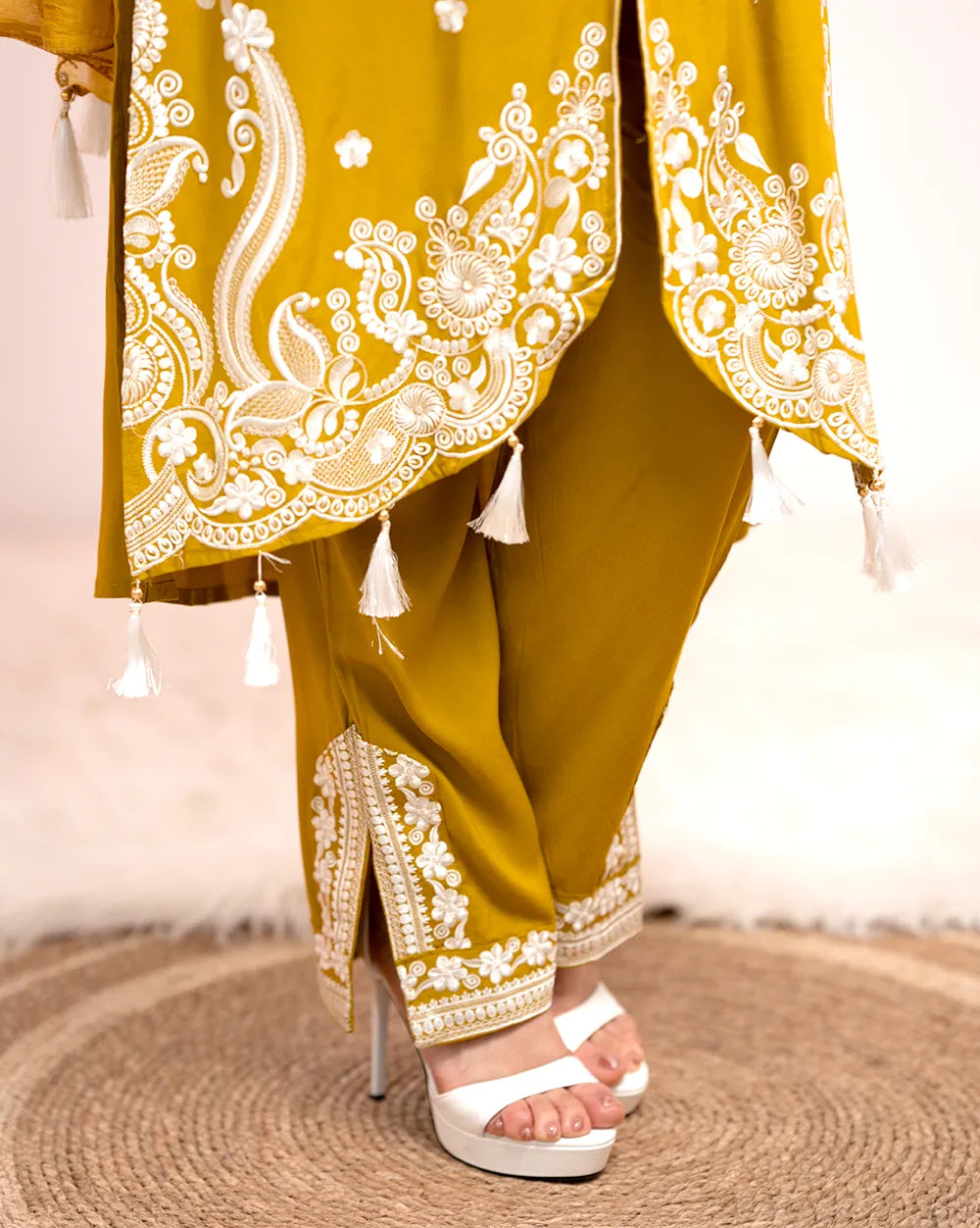 Embroidered cotton rayon 3pc suit- mustard yellow