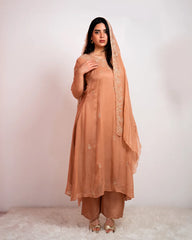Handworked A-line organza suit- peach shade