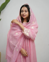 Mul chanderi embroidered anarkali pink color