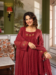 Panelled mul cotta 3Pc A-line anarakali- dusty maroon