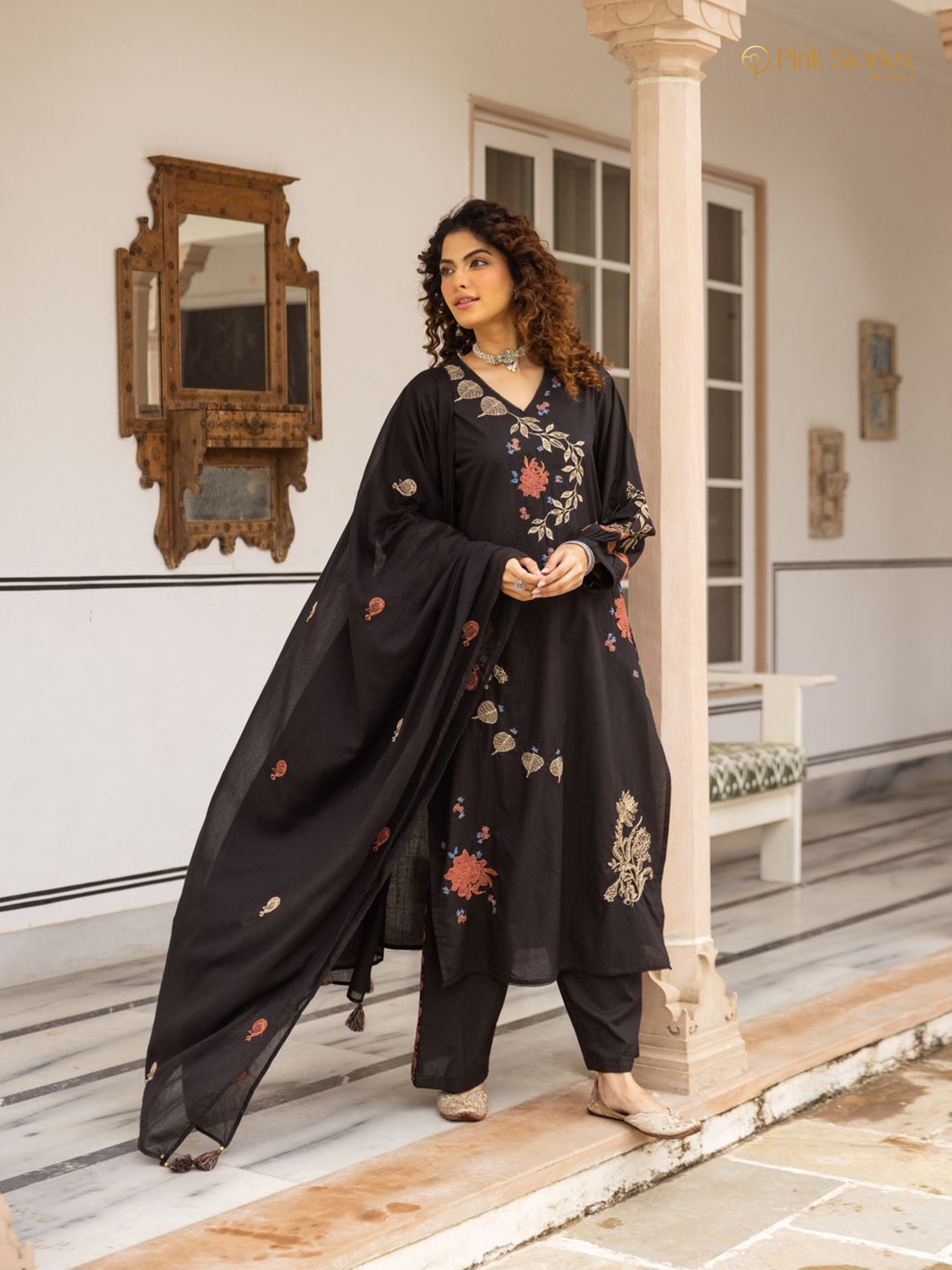 Embroidered 3Pc cotton salwar suit- black