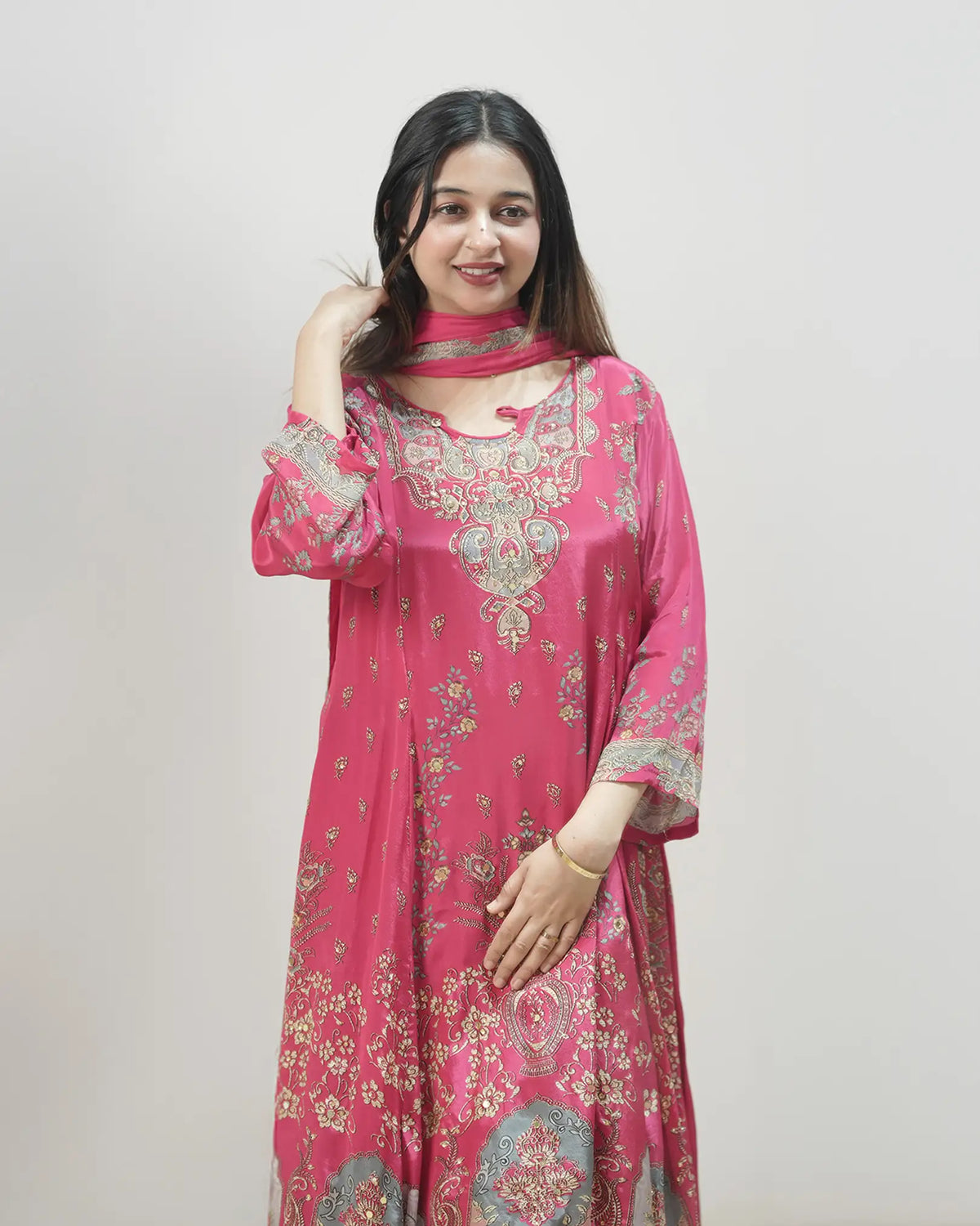 Crepe silk up and down panel cut anarkali rani pink