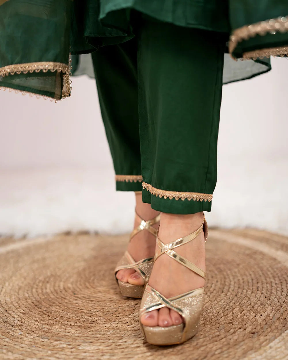 Handworked A-line panelled suit- green