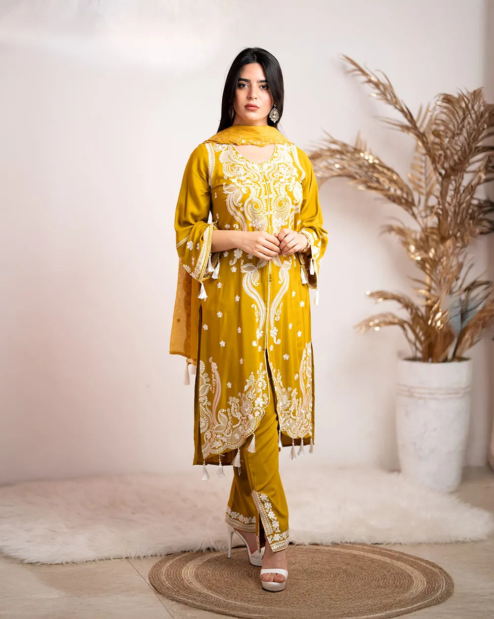 Embroidered cotton rayon 3pc suit- mustard yellow