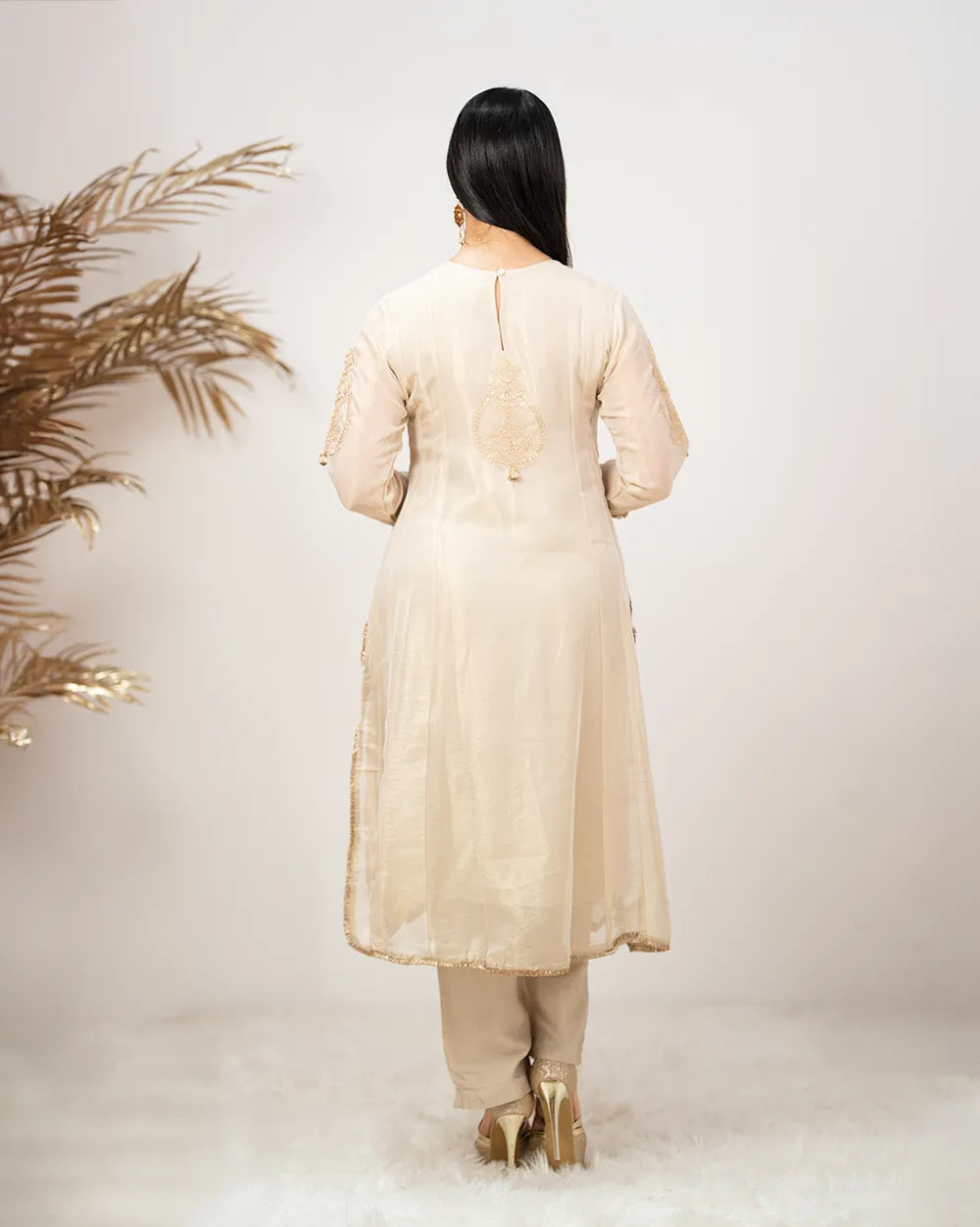 Tissue silk panelled salwar suit with embroidery- beige