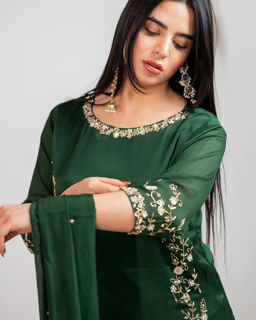 Handworked sharara suit- green