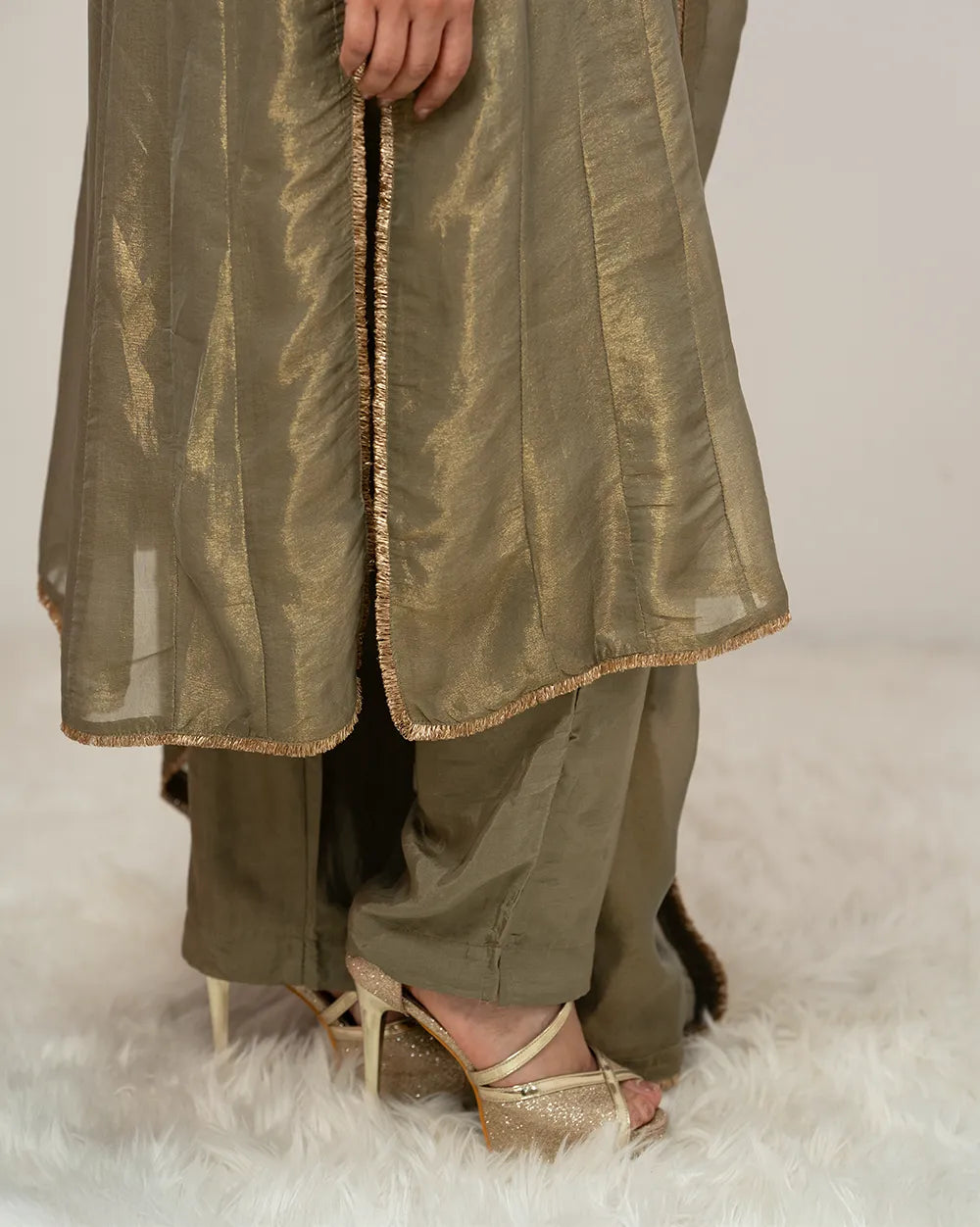 Tissue silk panelled salwar suit with embroidery- olive grey