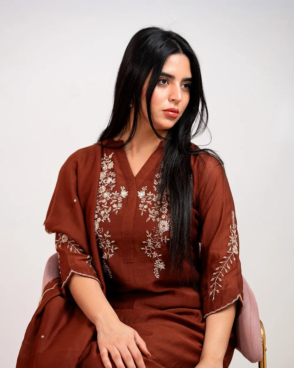 Handworked mul chanderi A-line suit- brown
