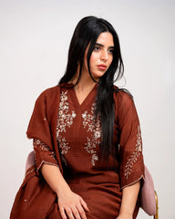 Handworked mul chanderi A-line suit- brown