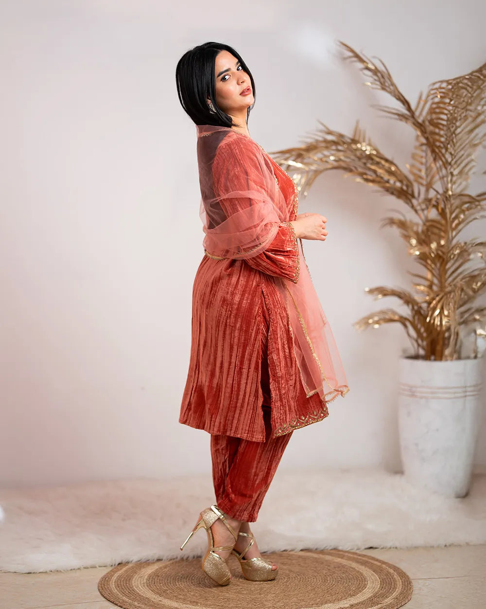 Handworked crushed velvet salwar suit- dark peach