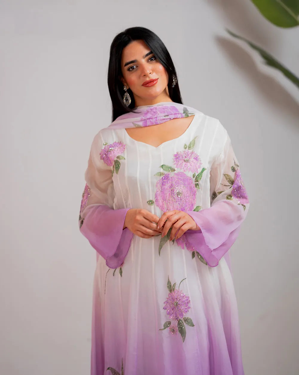 Ombre shaded panelcut anarkali- white and lilac