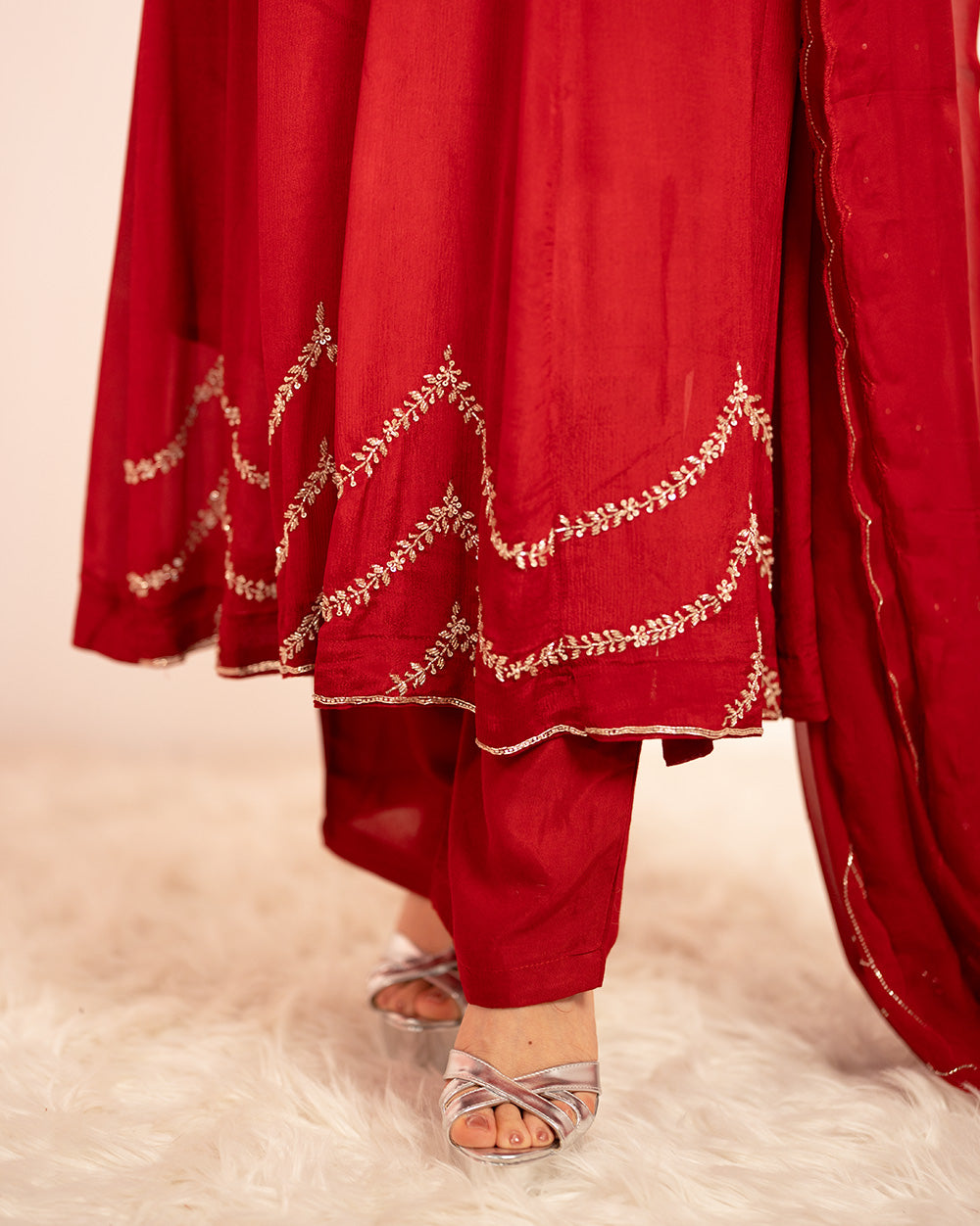 Hand Worked Panel Cut Anarkali - Red