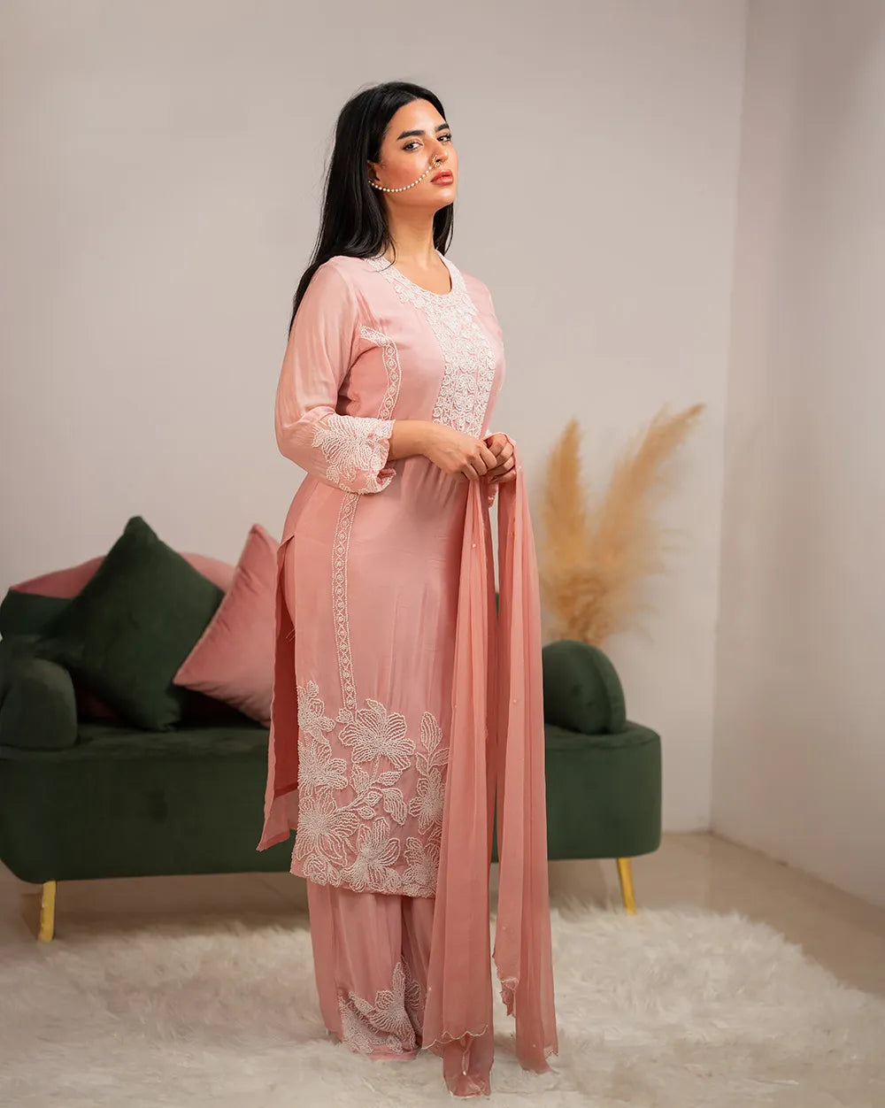 Heavy handworked long salwar suit- baby pink