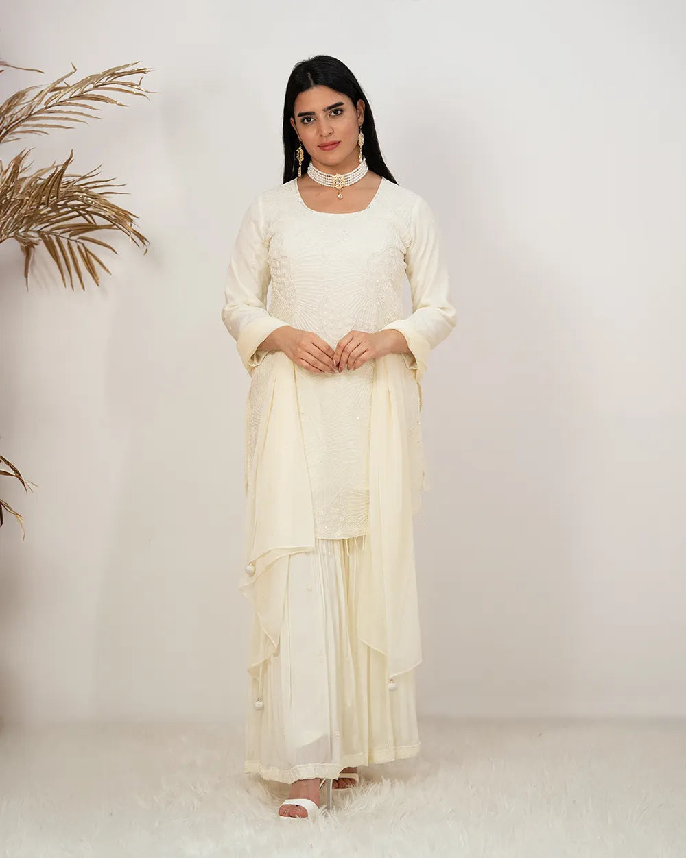 Heavy handworked sharara suit- cream shade
