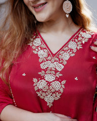 Handworked chinon silk A-line suit- rani pink