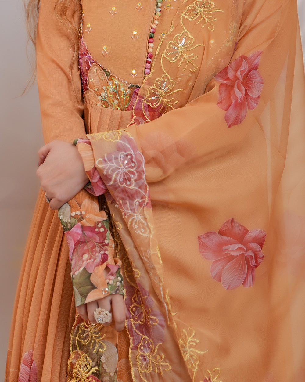 Floral printed pleated chiffon anarkali - mustard yellow