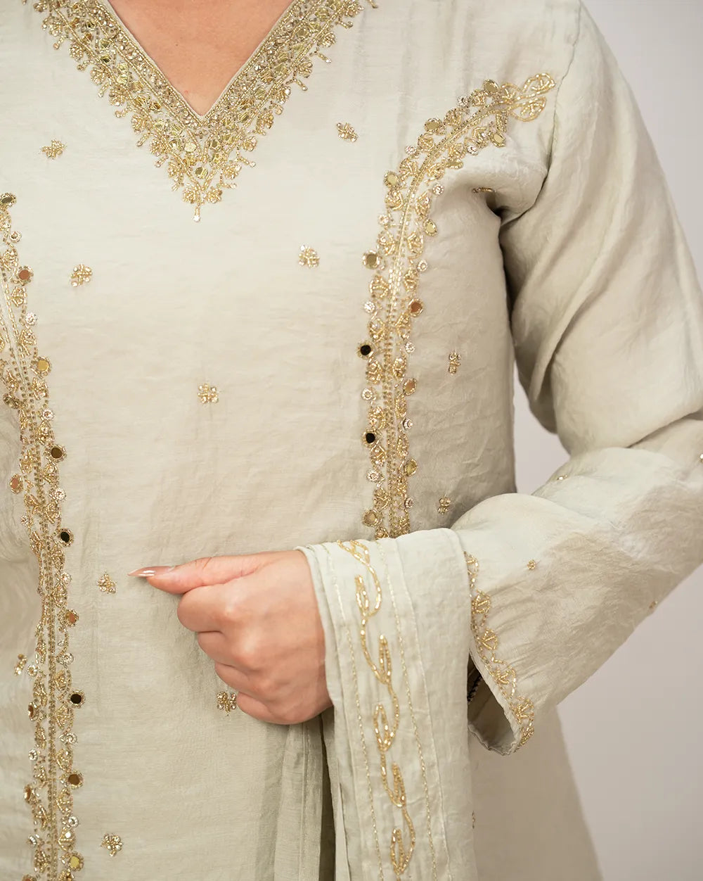 Handworked double slitted suit with mirrors- grey shade
